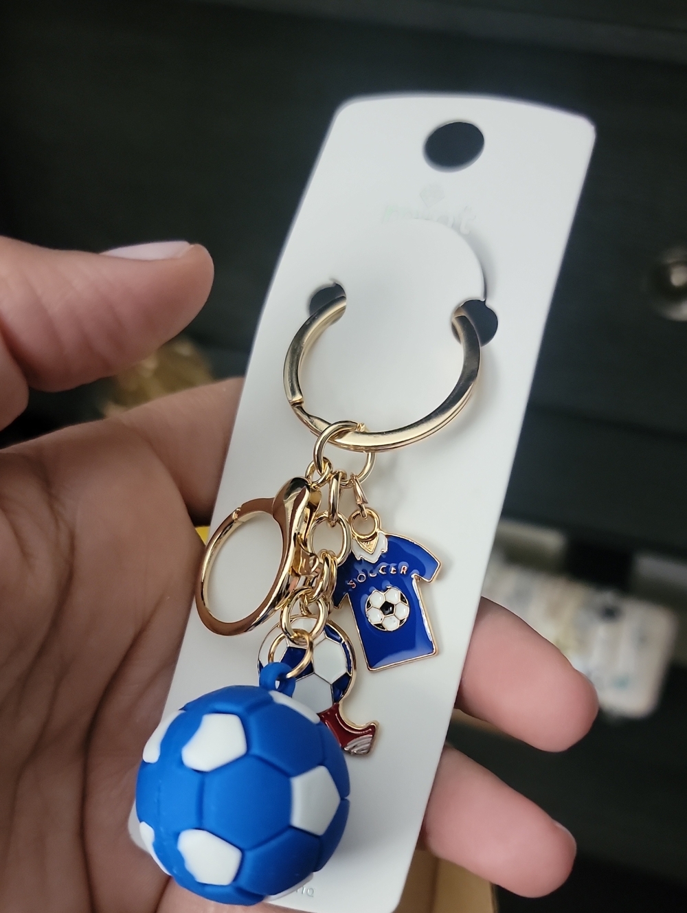 Blue Soccer Ball Keychain with Gold Charms